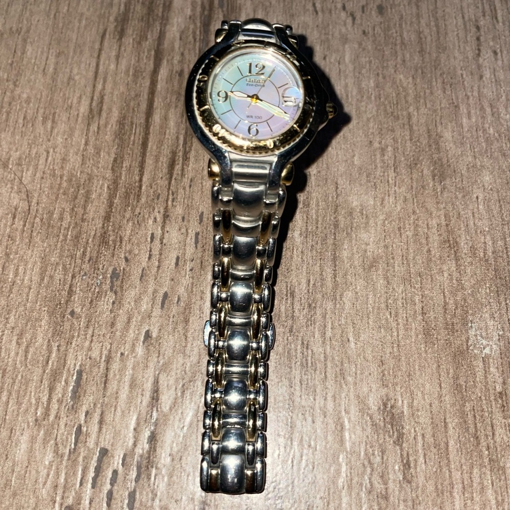 Citizen Eco Drive, Pearl face with date, 2 tone, WR 100